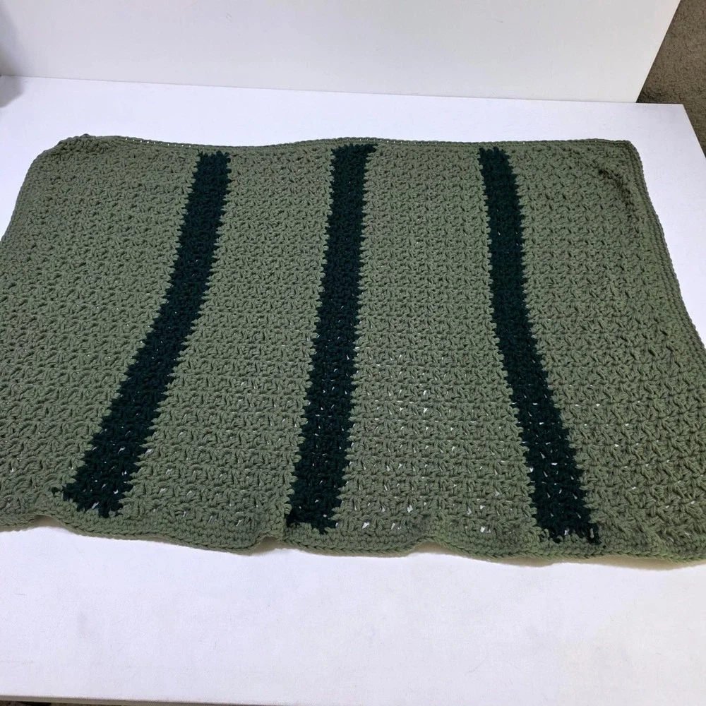 Crochet Blanket Green Striped Hand Knit Afghan 55 x 35 Boho Throw Cozy Rustic